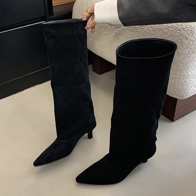 Women's knee-high boots in a suede look with a pointed toe, slim heel and wide shaft - black