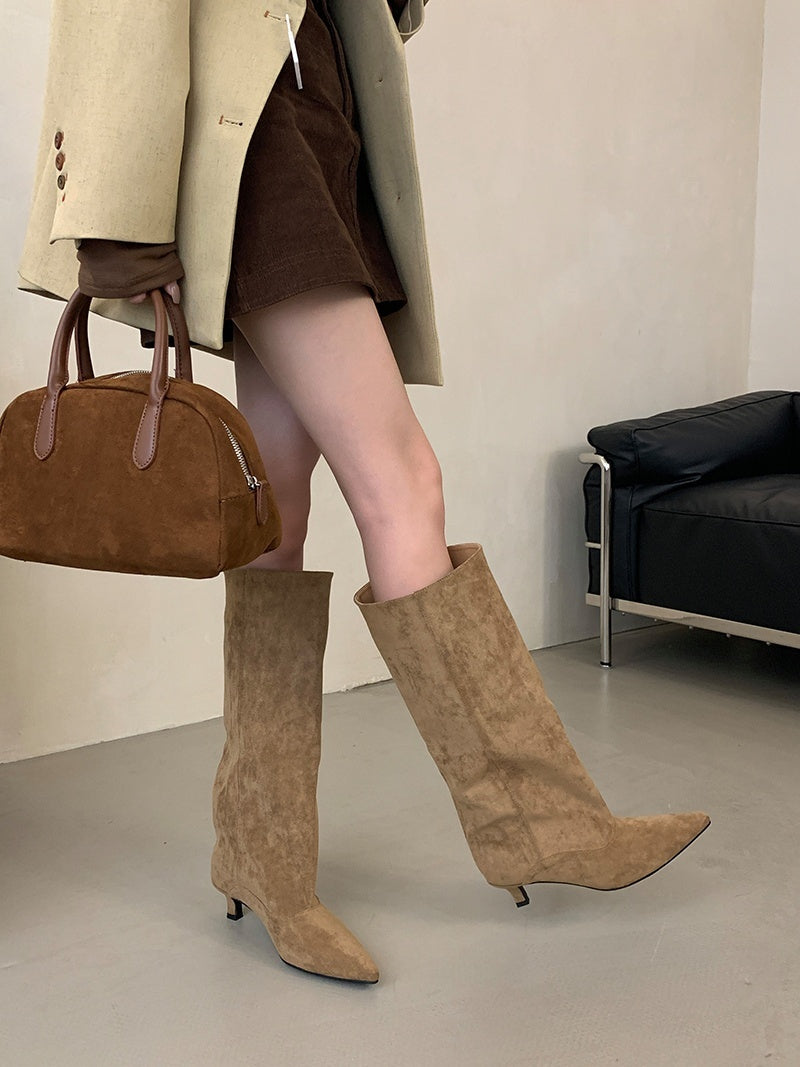 Women's knee-high boots in a suede look with a pointed toe, slim heel and wide shaft - view 11