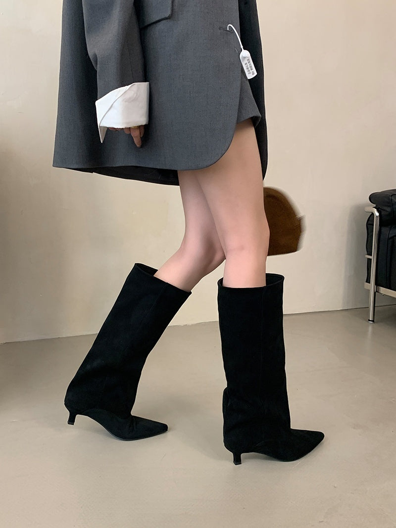 Women's knee-high boots in a suede look with a pointed toe, slim heel and wide shaft - view 13