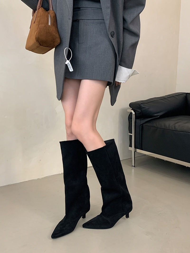 Women's knee-high boots in a suede look with a pointed toe, slim heel and wide shaft - view 14