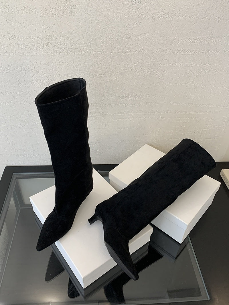 Women's knee-high boots in a suede look with a pointed toe, slim heel and wide shaft - view 15