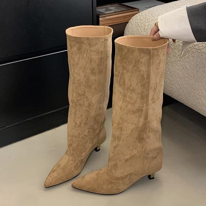 Women's knee-high boots in a suede look with a pointed toe, slim heel and wide shaft - view 3