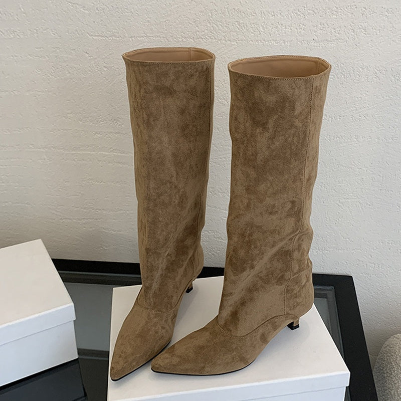 Women's knee-high boots in a suede look with a pointed toe, slim heel and wide shaft - view 7