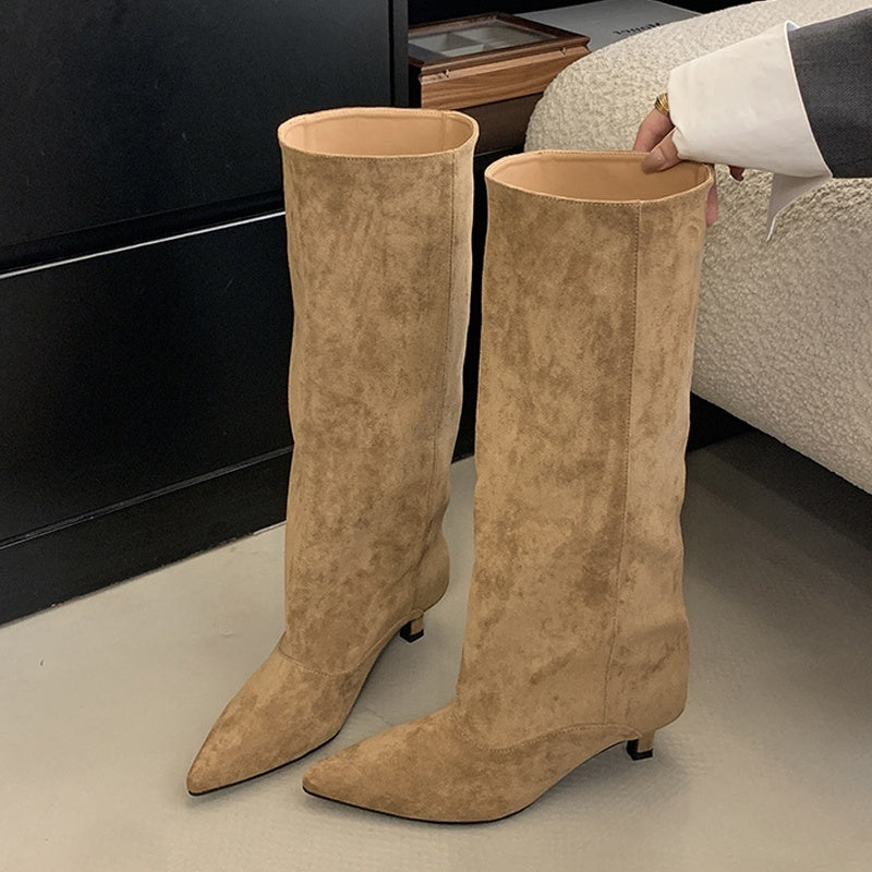 Women's knee-high boots in a suede look with a pointed toe, slim heel and wide shaft - view 9
