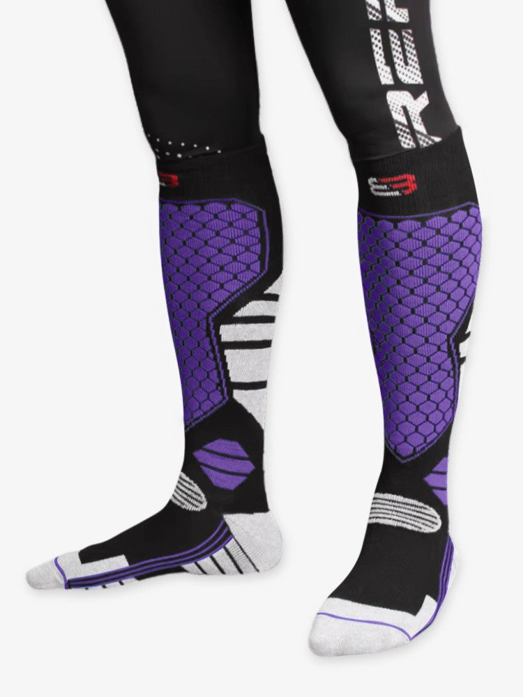 Women's knee-high ski socks with a honeycomb panel and reinforced heel and toe - black/purple