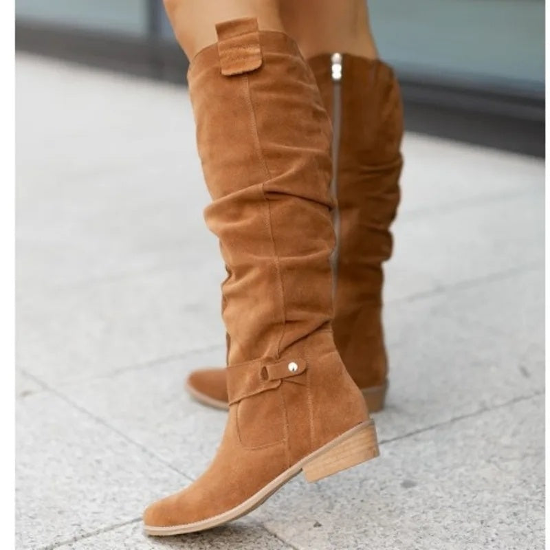 Women's knee-high slouch boots in a suede look with a side zip and low block heel - view 12