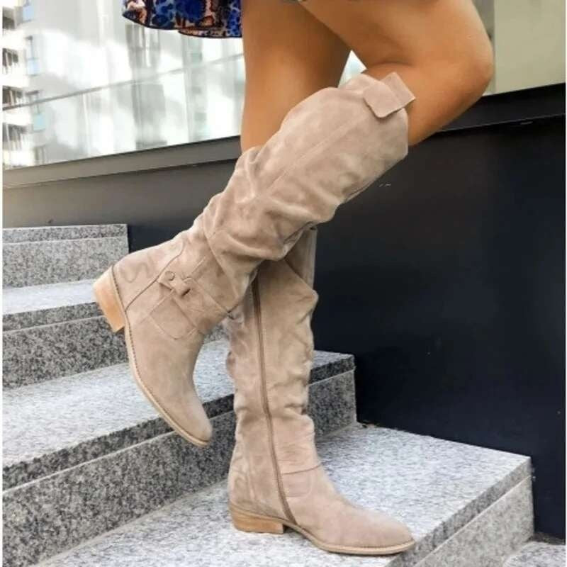 Women's knee-high slouch boots in a suede look with a side zip and low block heel - view 4