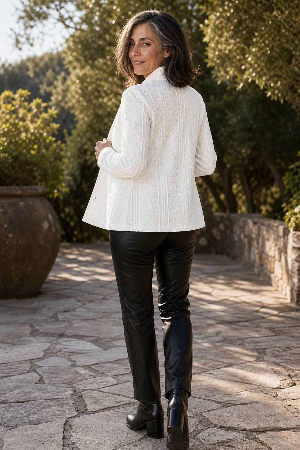 Women's knitted blazer with a stand collar and raised cable pattern - view 3