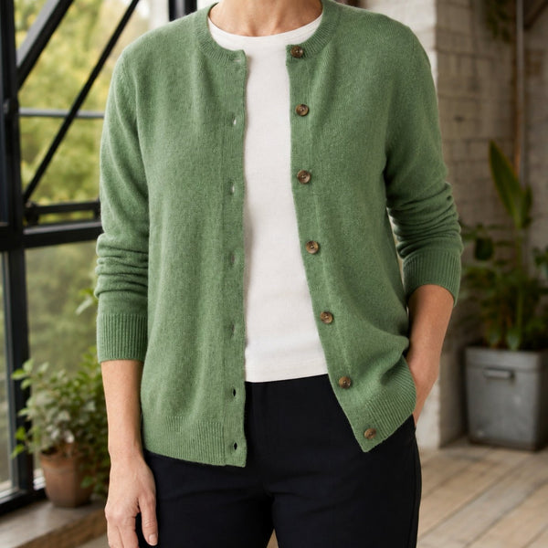 Women's knitted cardigan with a round neck and full button front - green