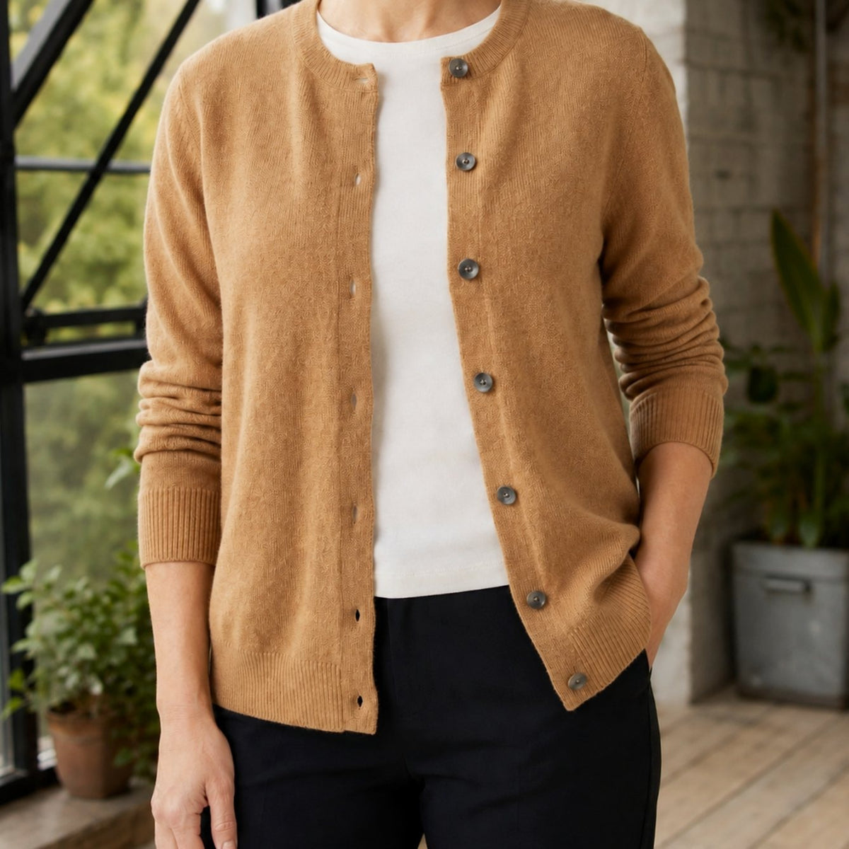 Women's knitted cardigan with a round neck and full button front - camel