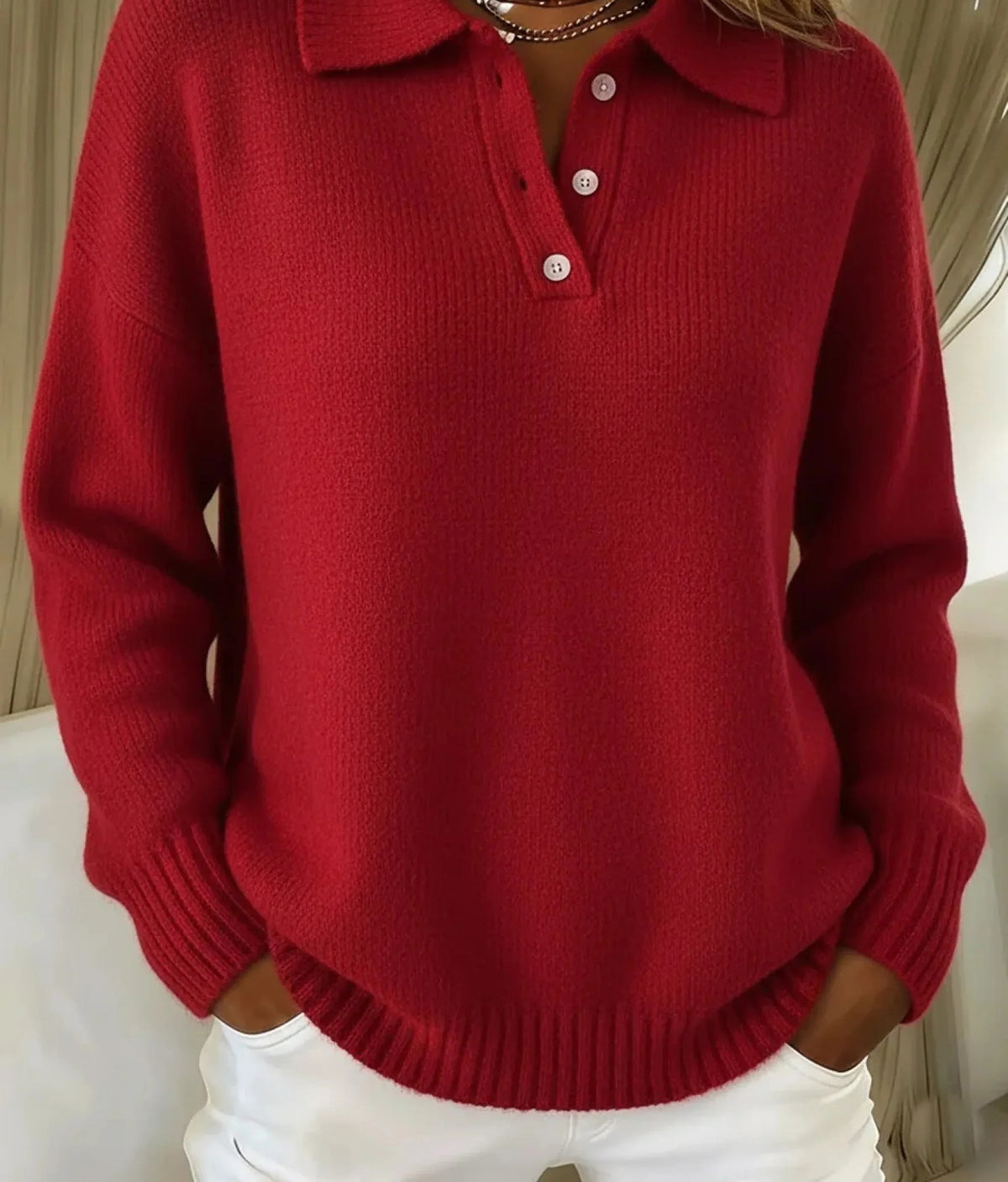 Women's knitted jumper with a polo collar and buttons - red