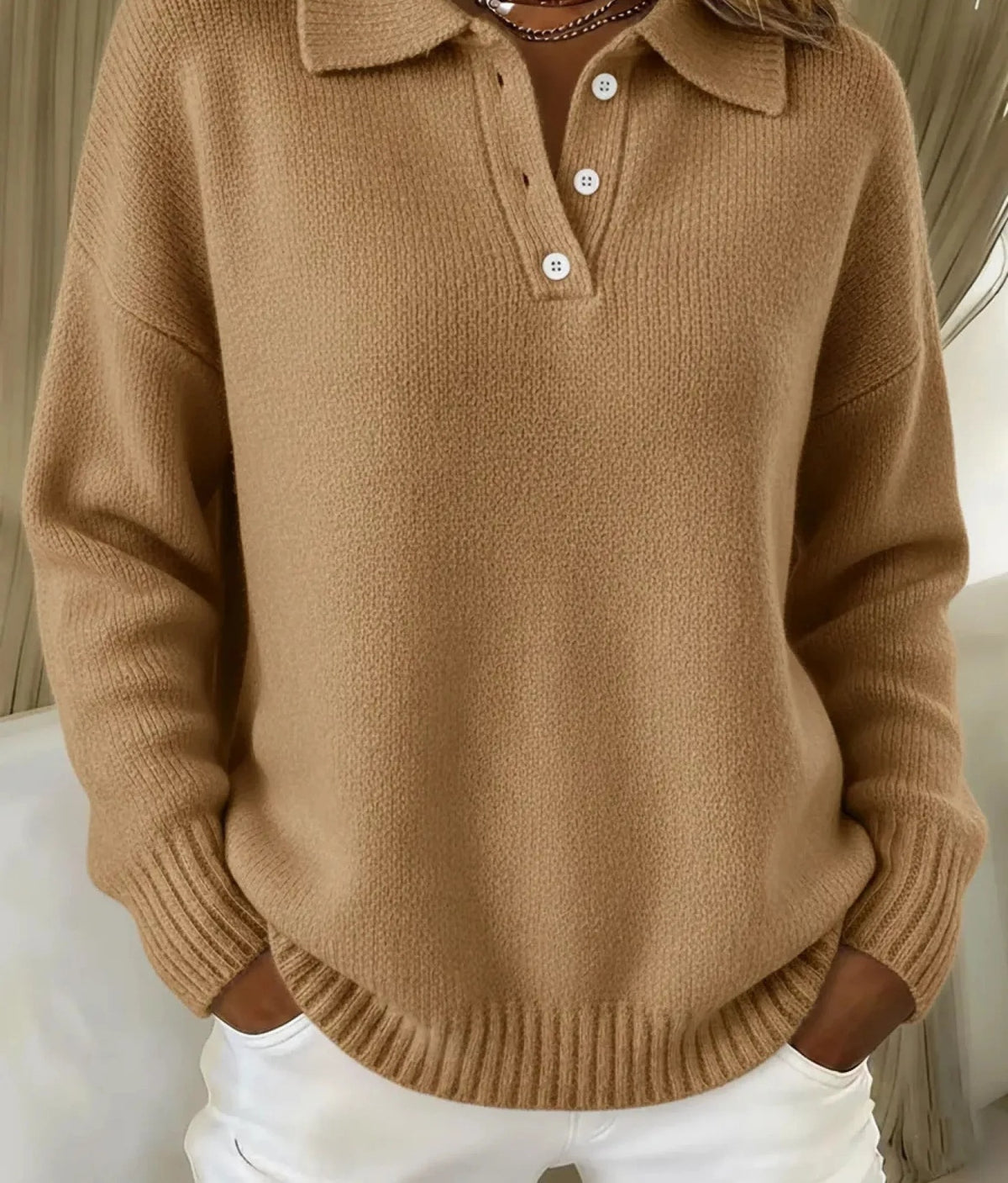 Women's knitted jumper with a polo collar and buttons - camel