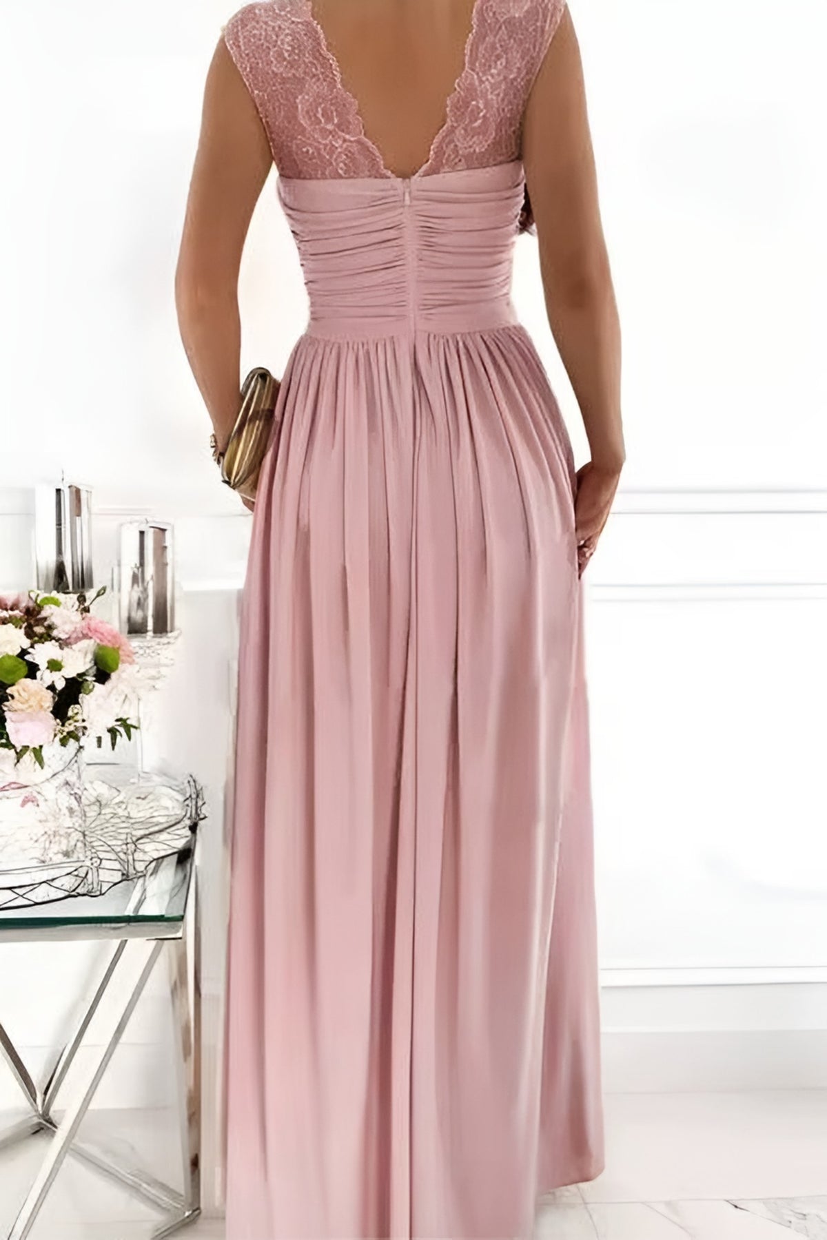 Back of the lace sleeve maxi dress in blush with ruched bodice and zip