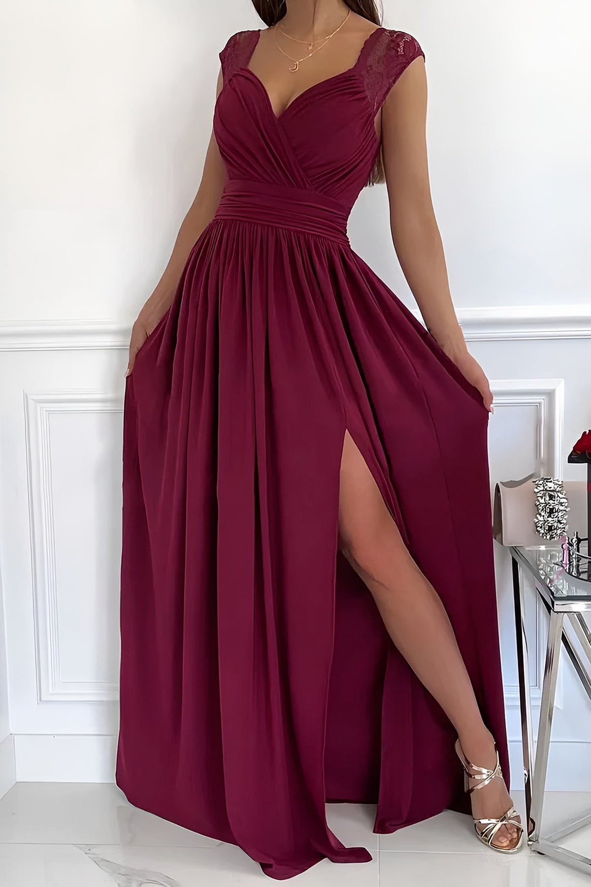 Lace sleeve maxi dress in burgundy, front view