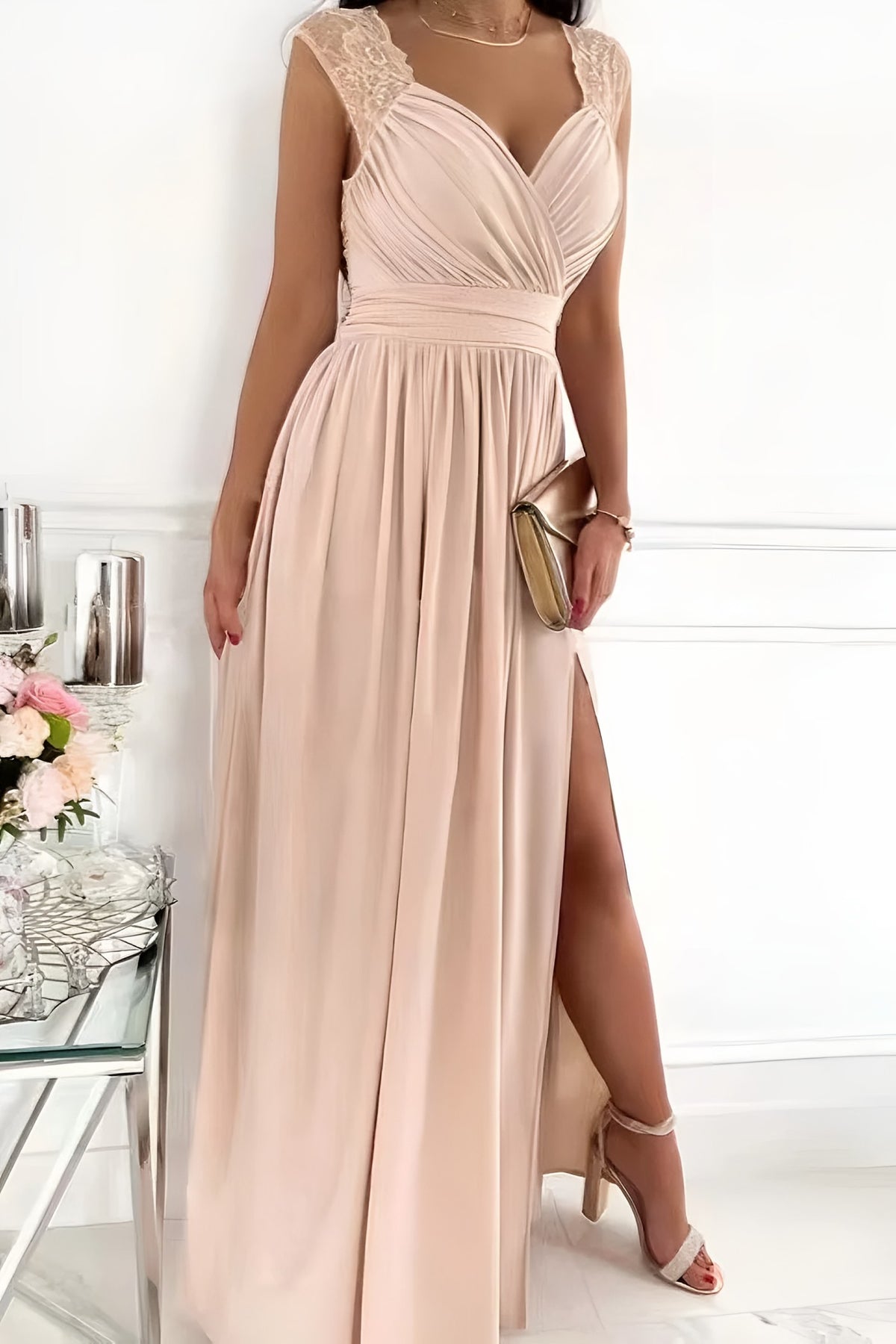 Lace sleeve maxi dress in champagne, front view