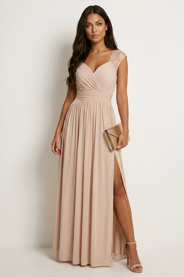 Women's lace sleeve maxi dress in champagne with thigh split