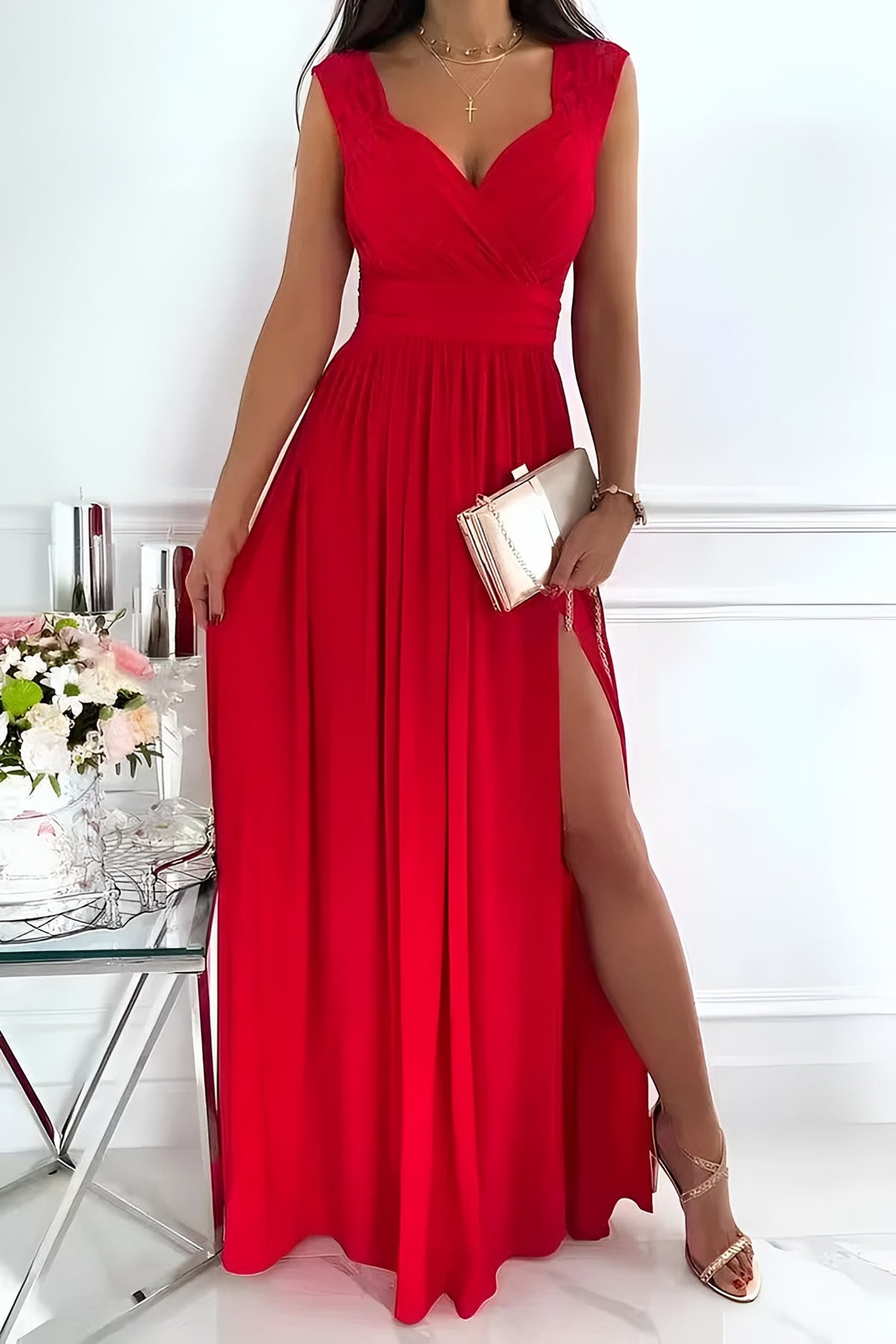 Lace sleeve maxi dress in red, front view