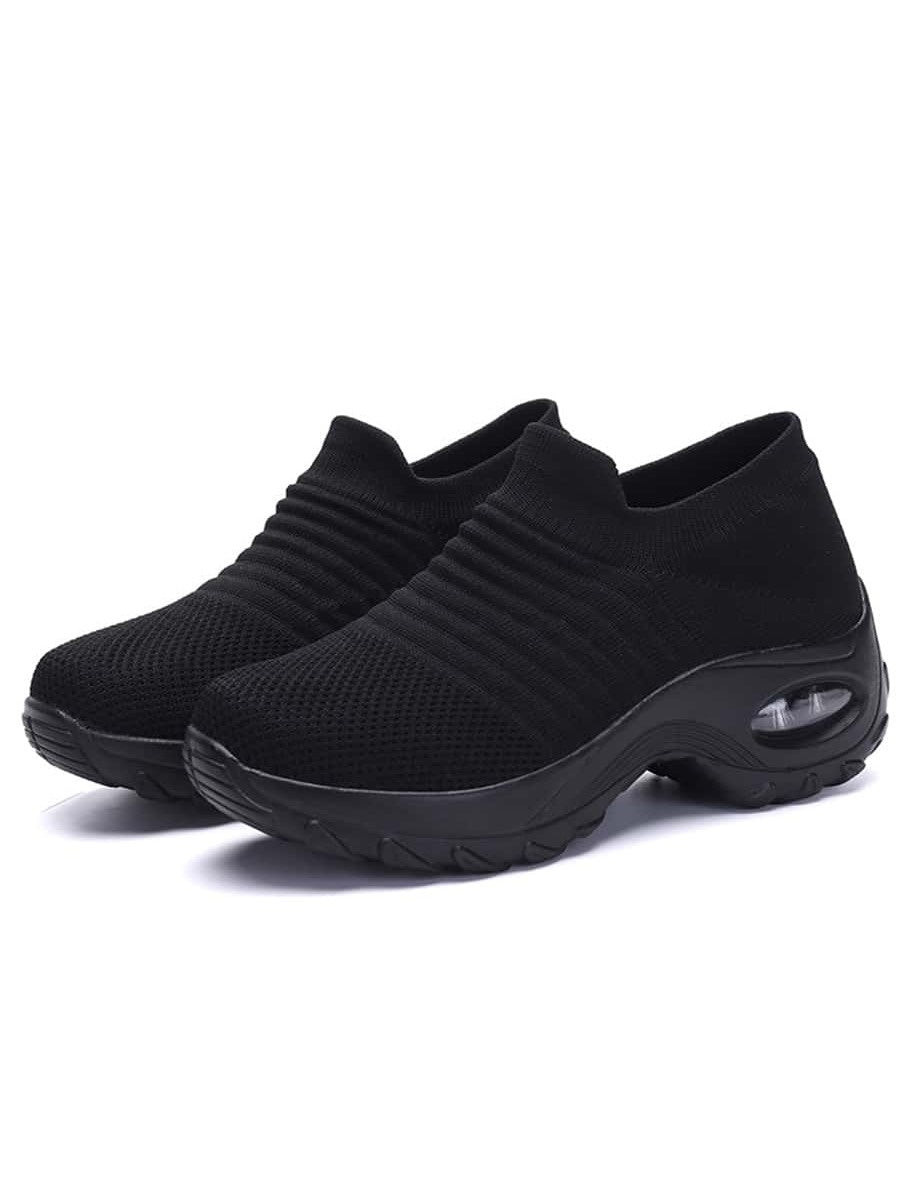 Laceless sock trainers for women with ribbed knit upper and thick air cushion sole - black