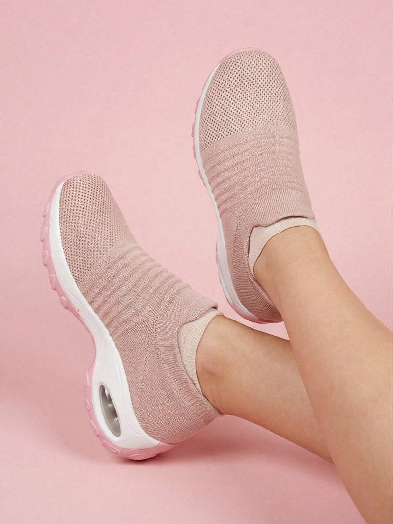 Laceless sock trainers for women with ribbed knit upper and thick air cushion sole - pink