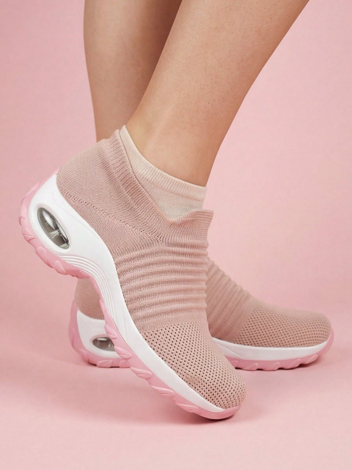 Laceless sock trainers for women with ribbed knit upper and thick air cushion sole - view 5