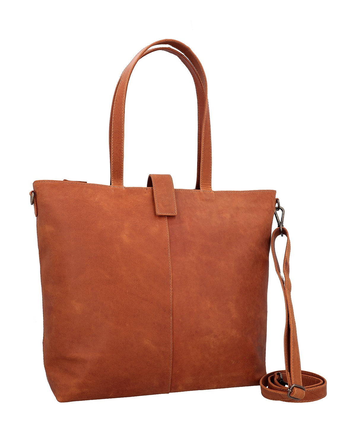 Women's brown leather tote bag with short handles and a detachable shoulder strap