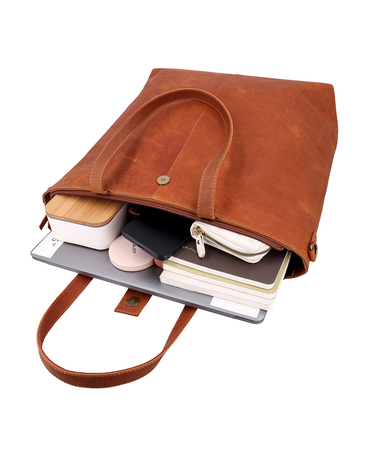 Women's brown leather tote bag with short handles and a detachable shoulder strap