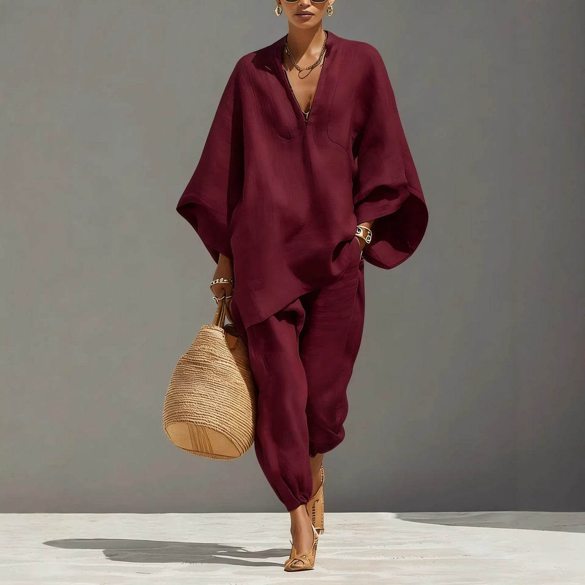 Women's linen look co-ord set with a batwing V-neck top and trousers - burgundy