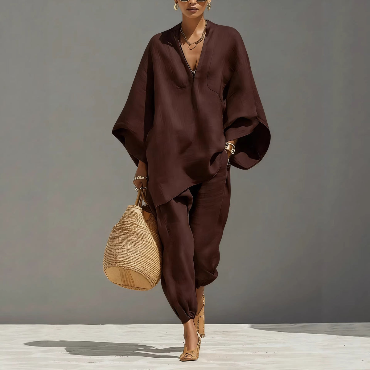 Women's linen look co-ord set with a batwing V-neck top and trousers - dark brown
