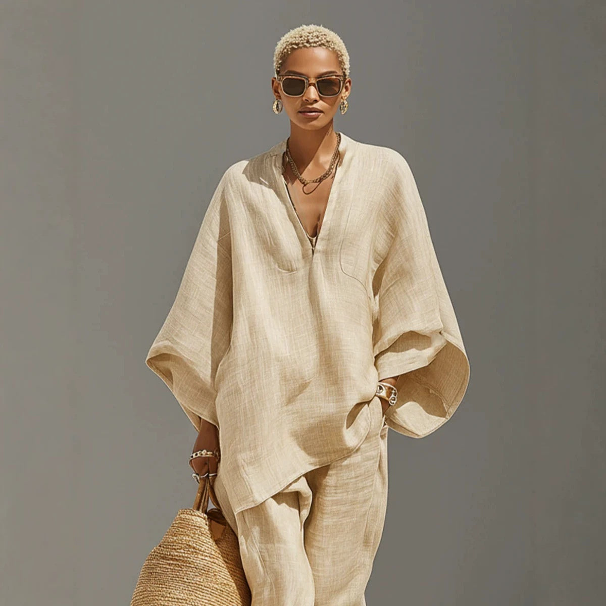 Women's linen look co-ord set with a batwing V-neck top and trousers - cream
