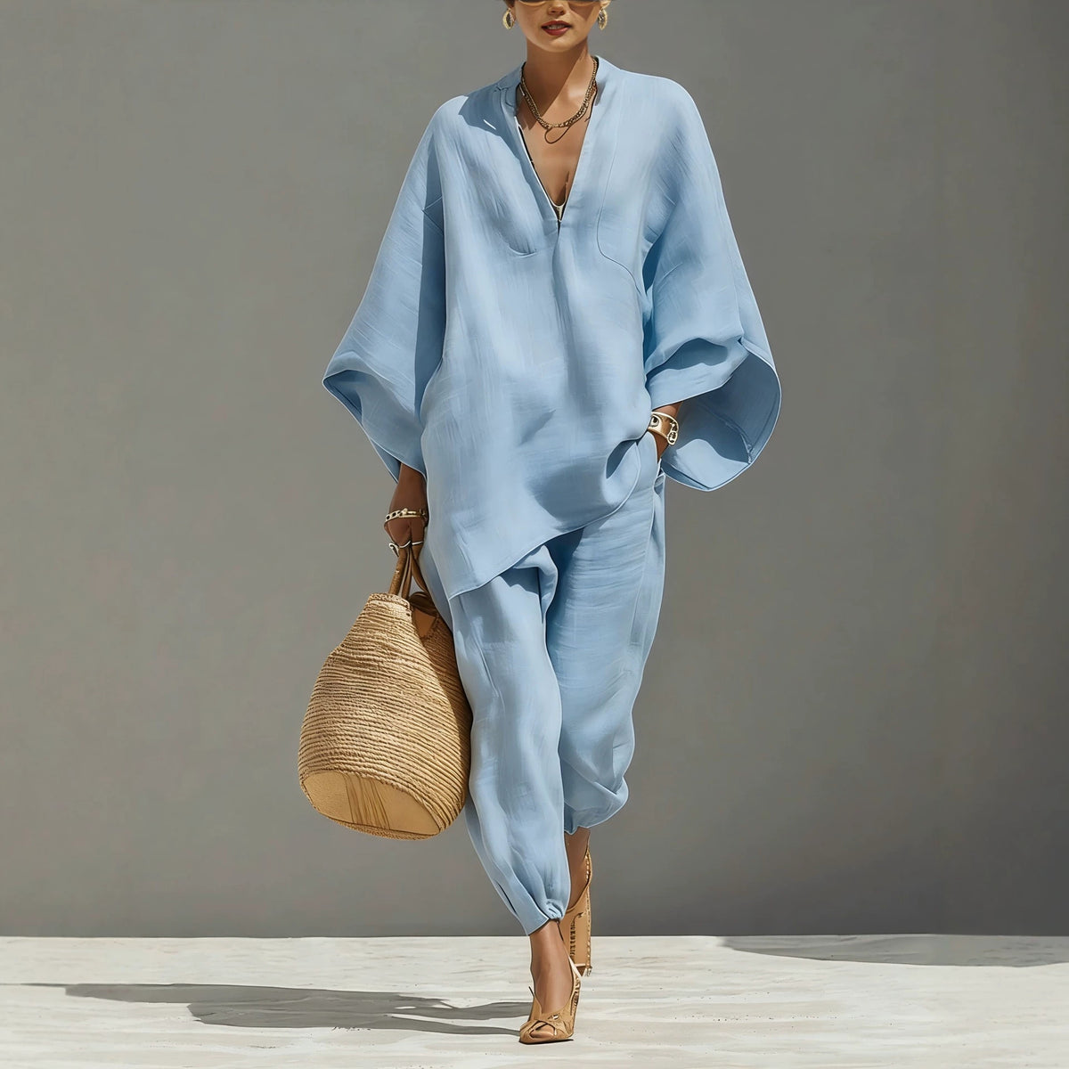 Women's linen look co-ord set with a batwing V-neck top and trousers - light blue