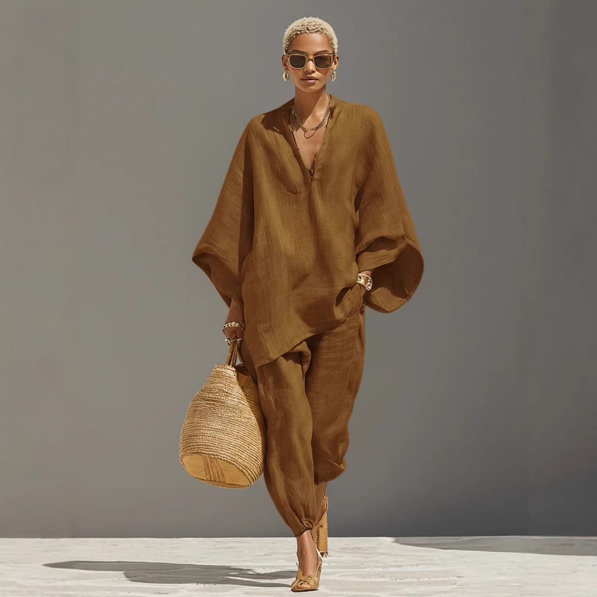 Women's linen look co-ord set with a batwing V-neck top and trousers - camel