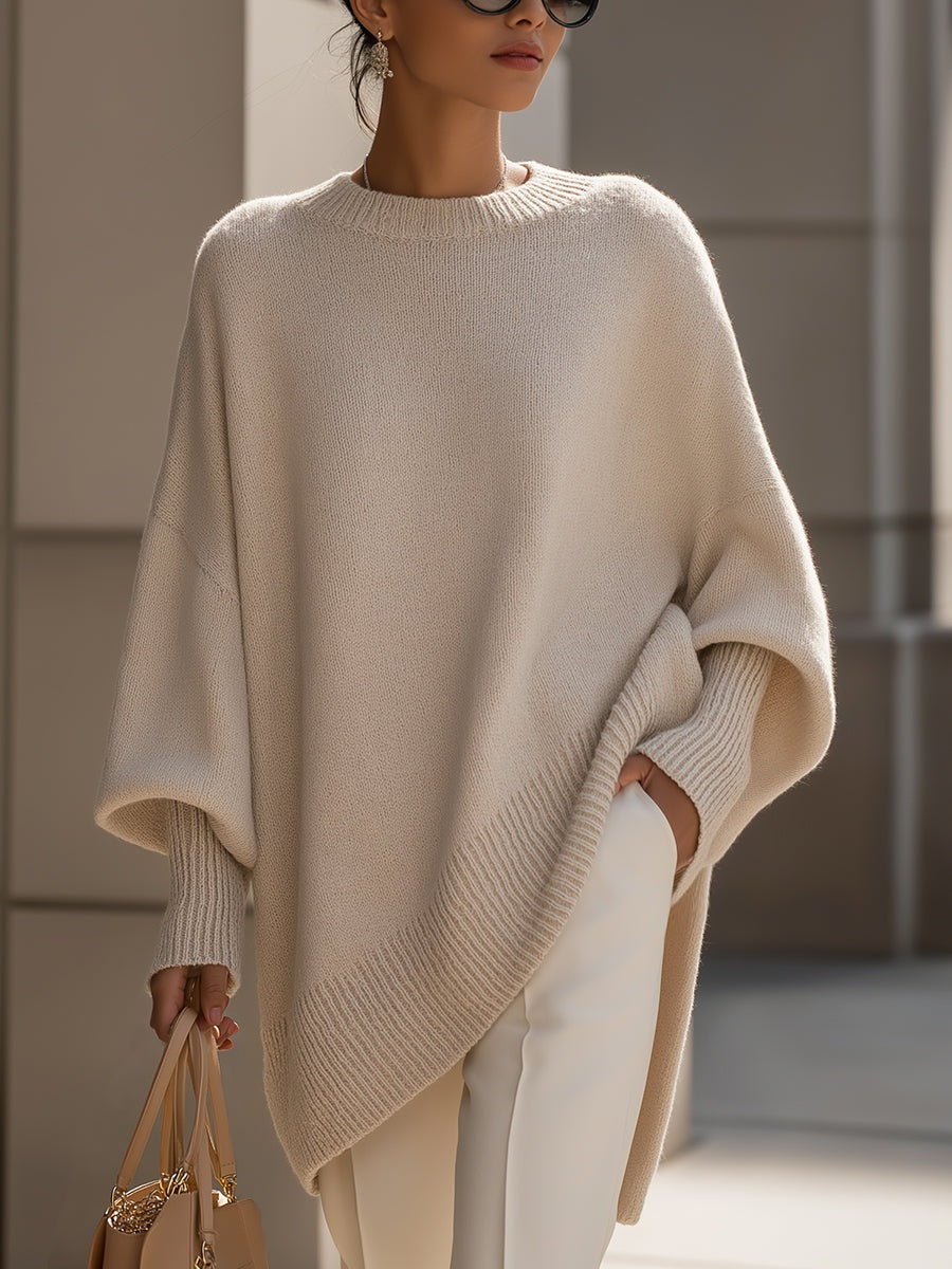Women's longline oversized jumper with wide sleeves and a ribbed neck, cuffs and hem - beige
