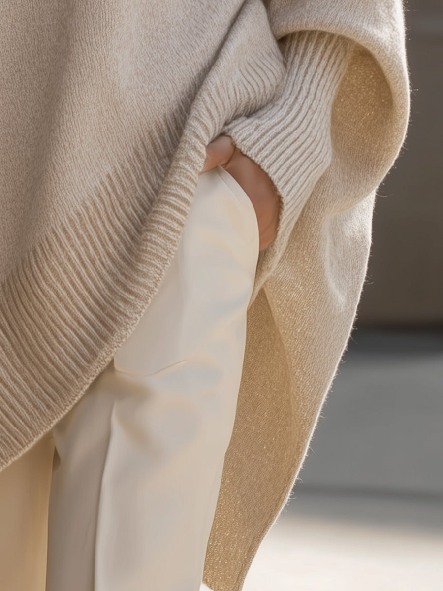 Women's longline oversized jumper with wide sleeves and a ribbed neck, cuffs and hem - beige