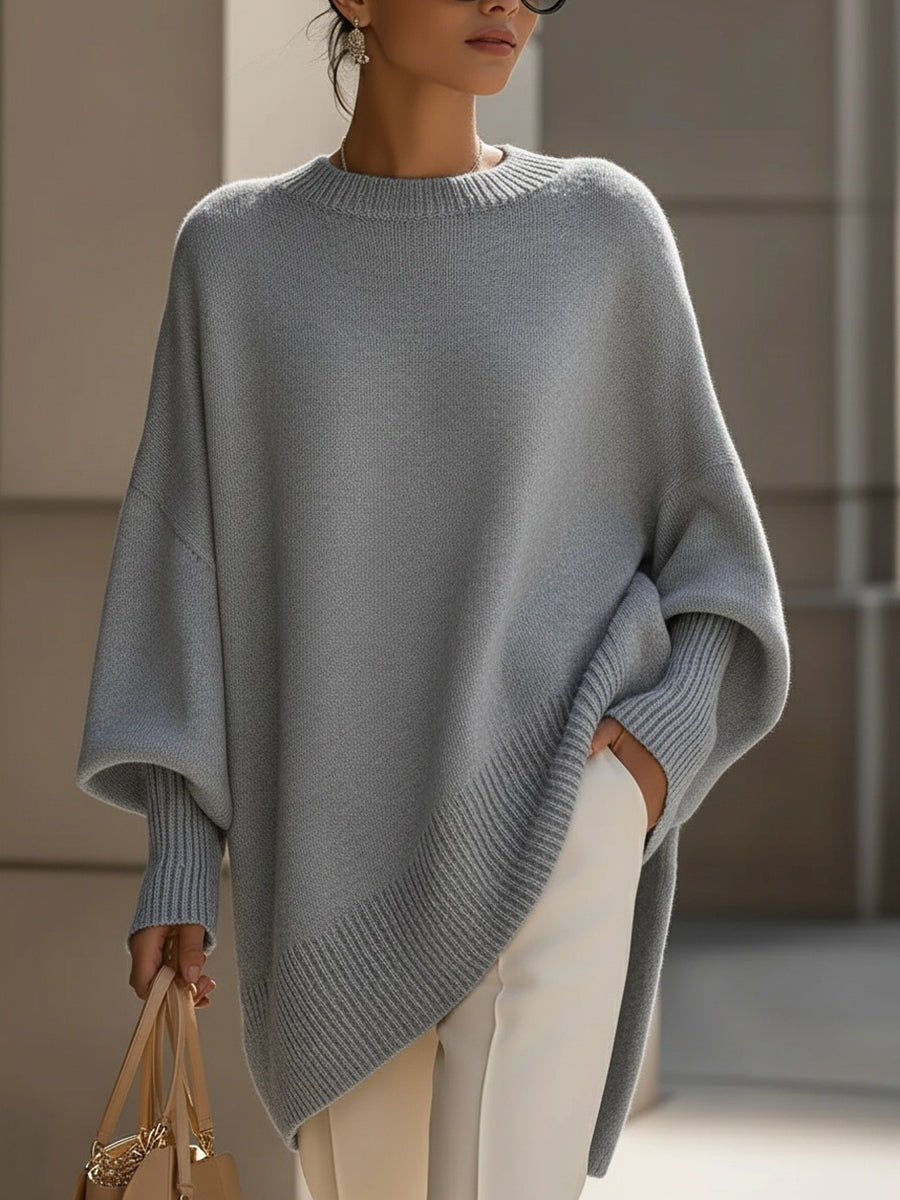 Women's longline oversized jumper with wide sleeves and a ribbed neck, cuffs and hem - grey