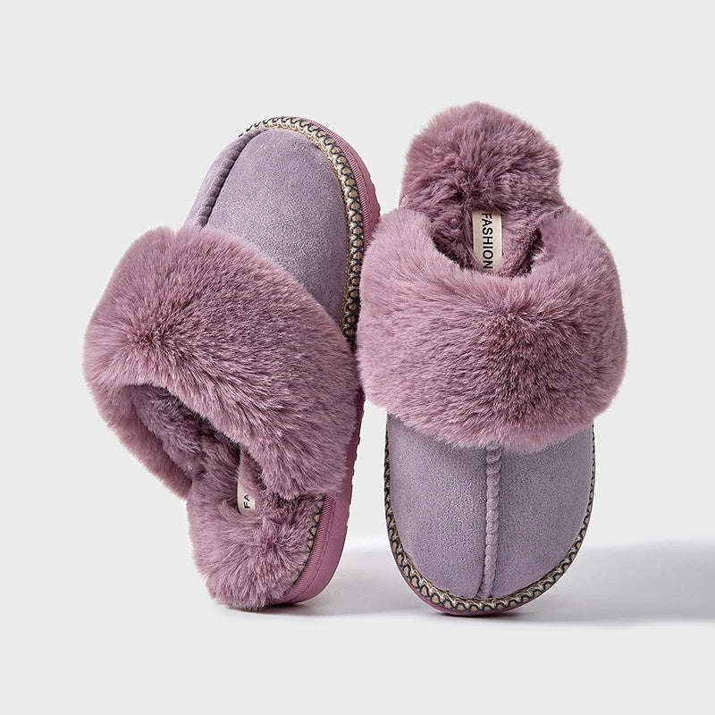 Mule slippers in a suede look with a big faux fur collar, braided trim and open heel - lilac