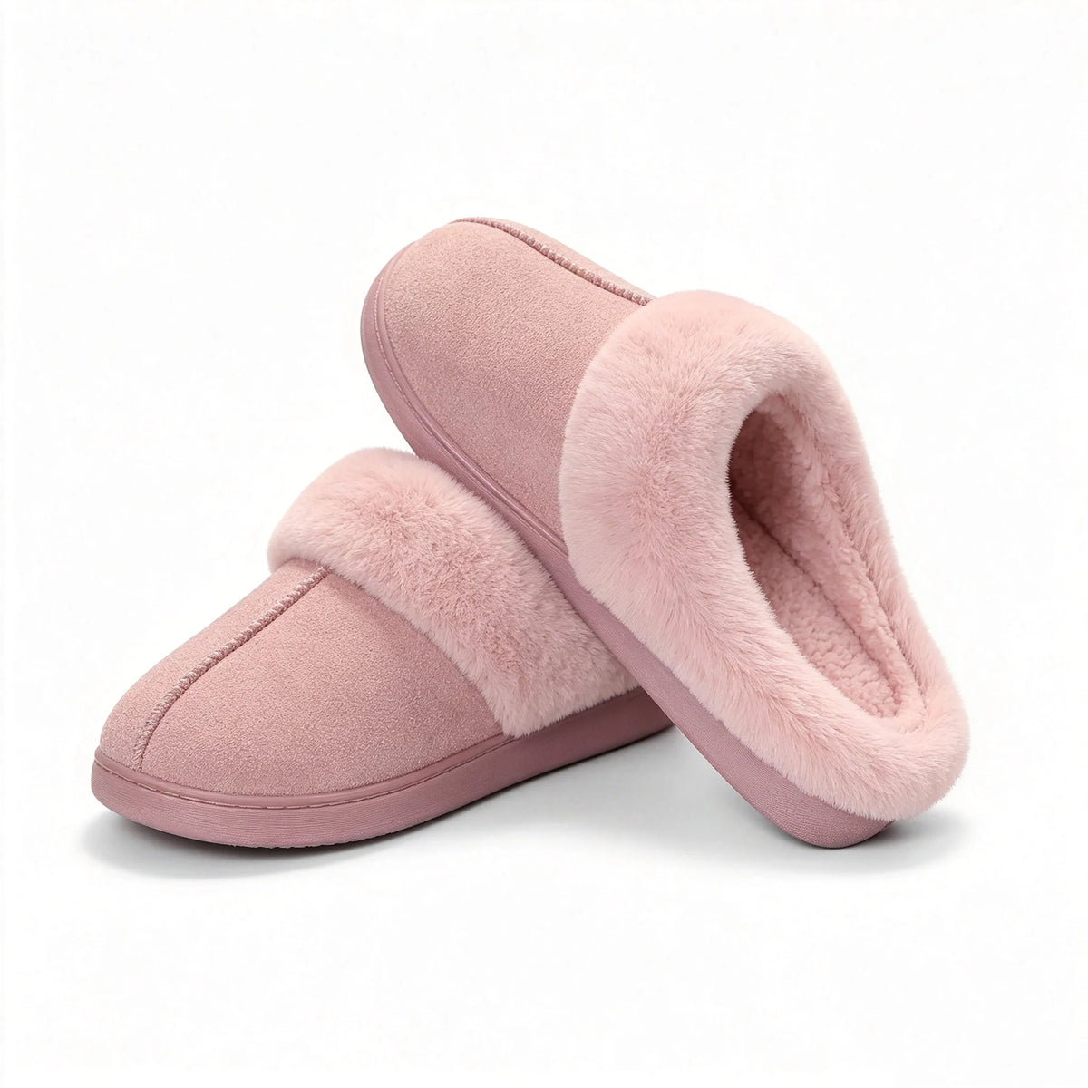 Mule slippers in a suede look with a thick faux fur collar, teddy lining and open heel