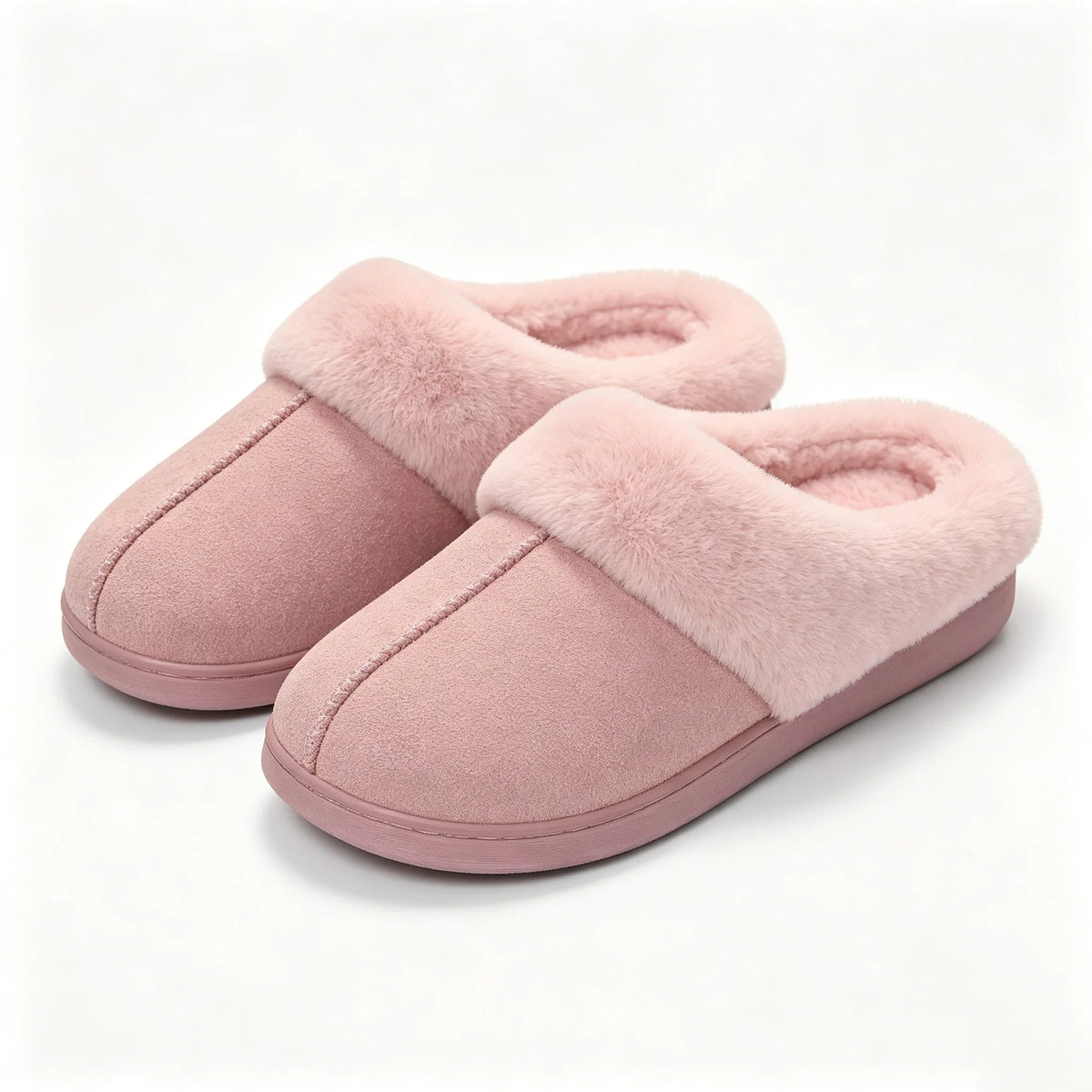 Mule slippers in a suede look with a thick faux fur collar, teddy lining and open heel - view 2