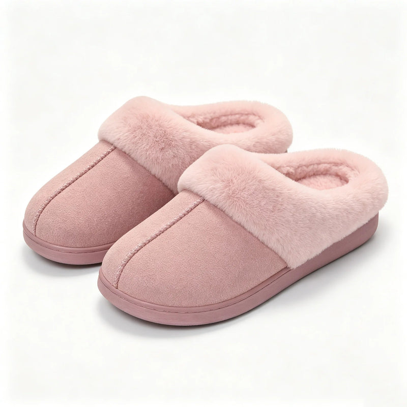 Mule slippers in a suede look with a thick faux fur collar, teddy lining and open heel - view 2