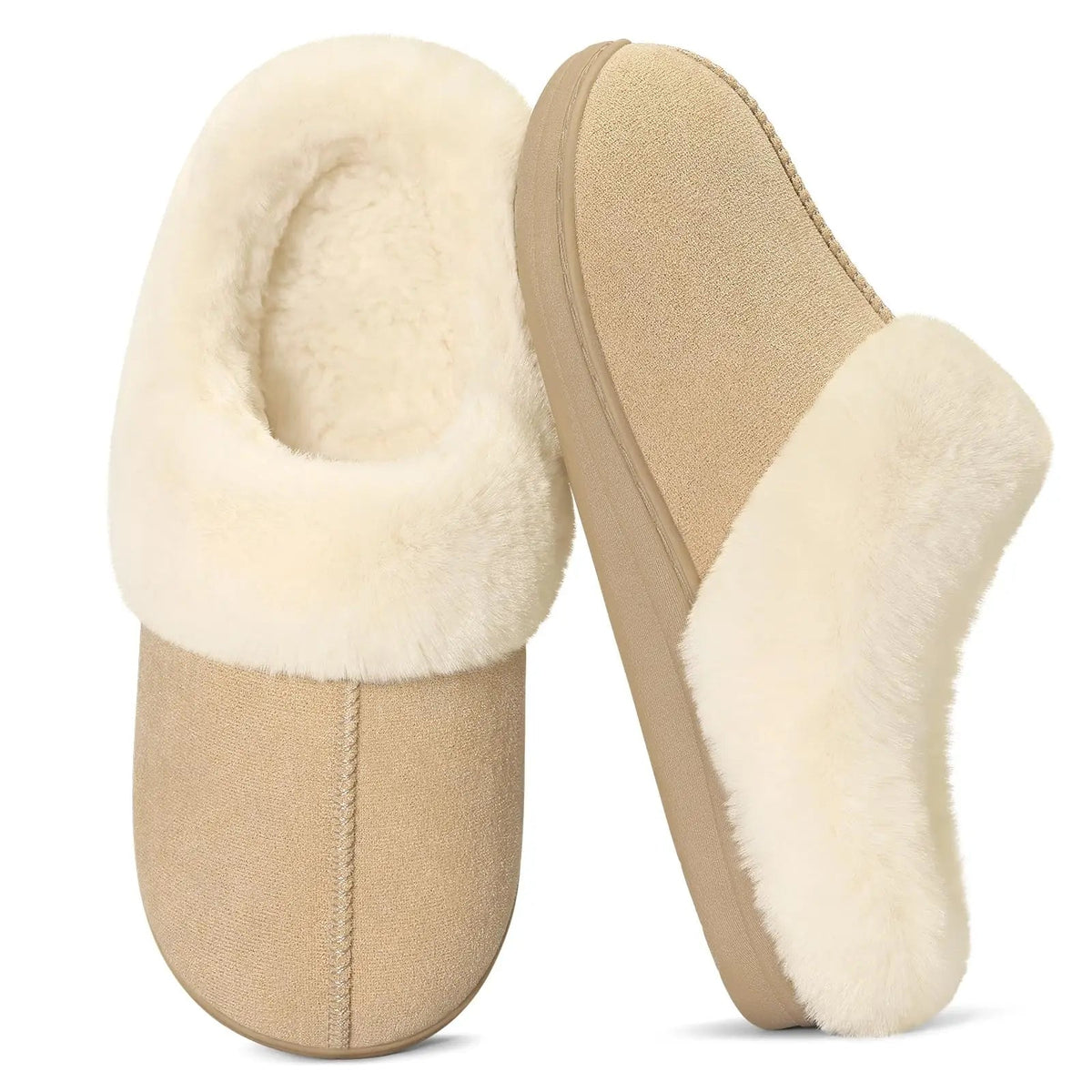 Mule slippers in a suede look with a thick faux fur collar, teddy lining and open heel - beige