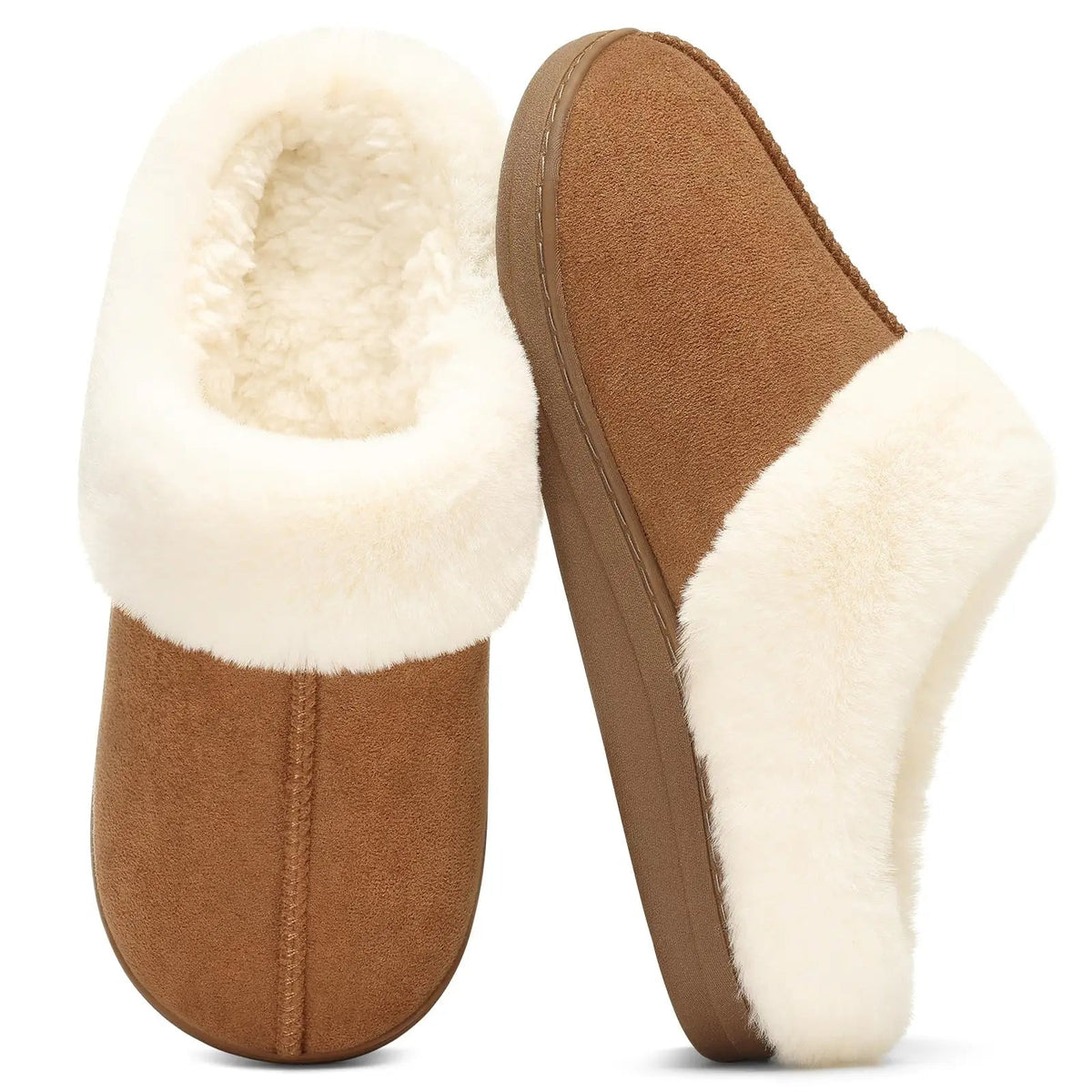 Mule slippers in a suede look with a thick faux fur collar, teddy lining and open heel - chestnut
