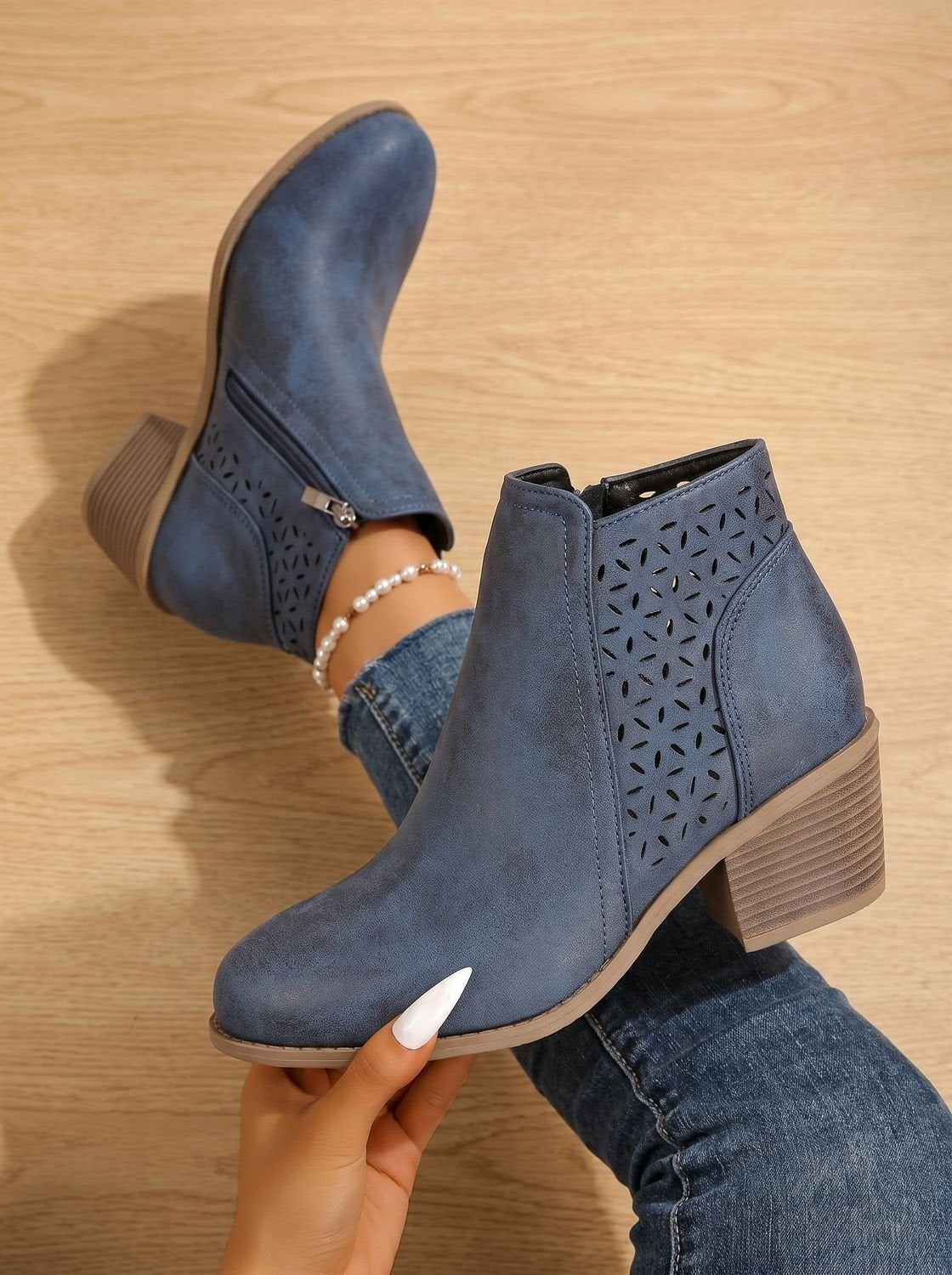Women's orthopaedic ankle boots with a block heel and cut-out floral pattern - denim blue