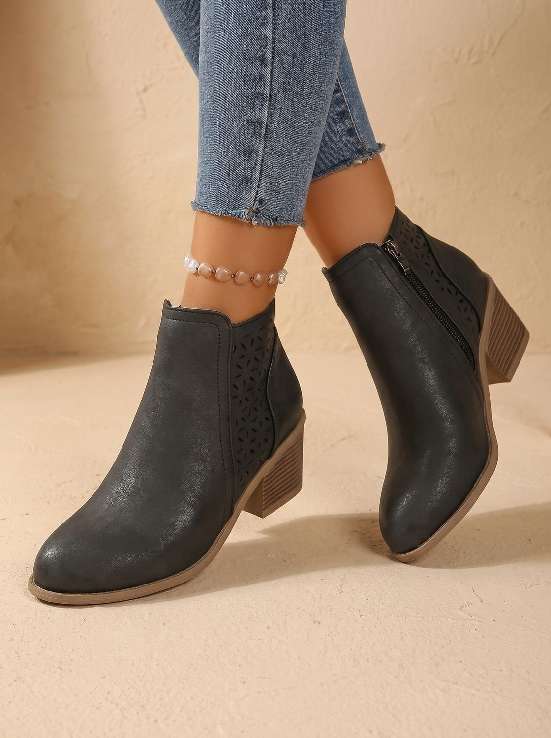 Women's orthopaedic ankle boots with a block heel and cut-out floral pattern - view 8