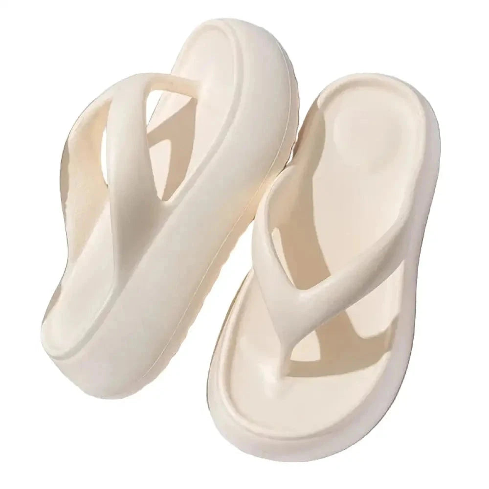 Platform flip flops in EVA with high sole, wide straps and hollowed footbed - cream