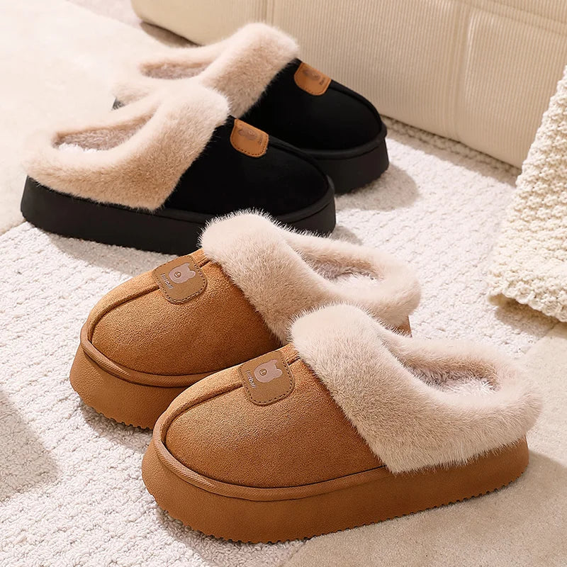Women's platform mule slippers in a suede look with a wide plush trim and open back
