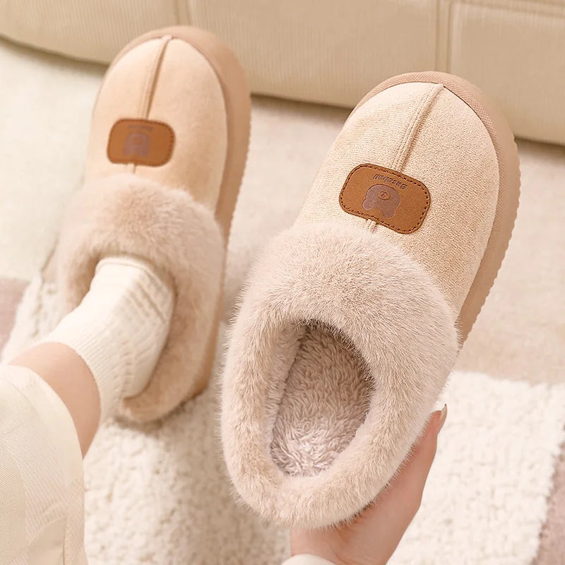 Women's platform mule slippers in a suede look with a wide plush trim and open back - beige