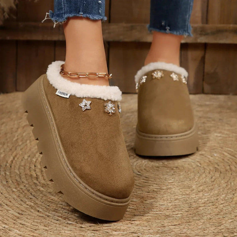 Platform mule slippers in a suede look with plush cuff and crystal stars - khaki