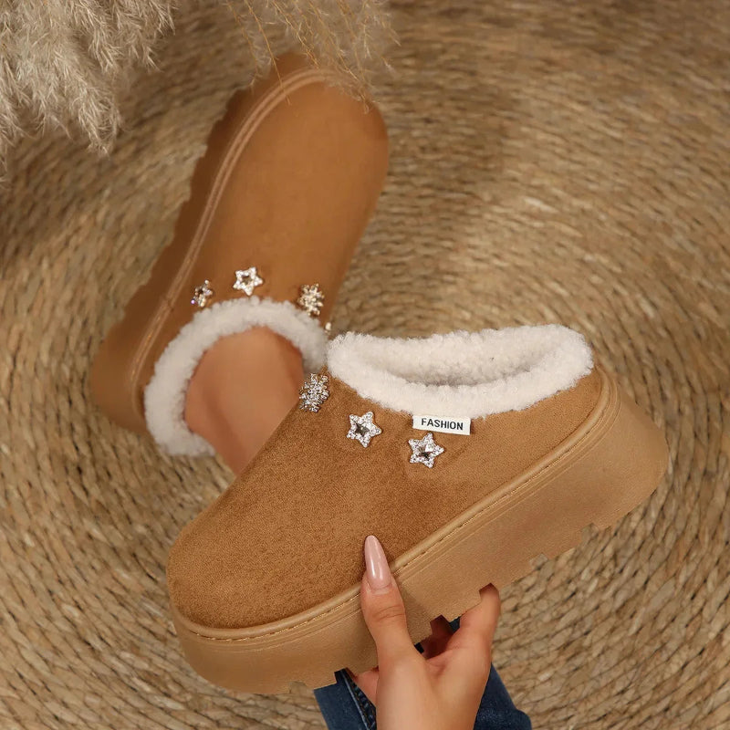 Platform mule slippers in a suede look with plush cuff and crystal stars - camel