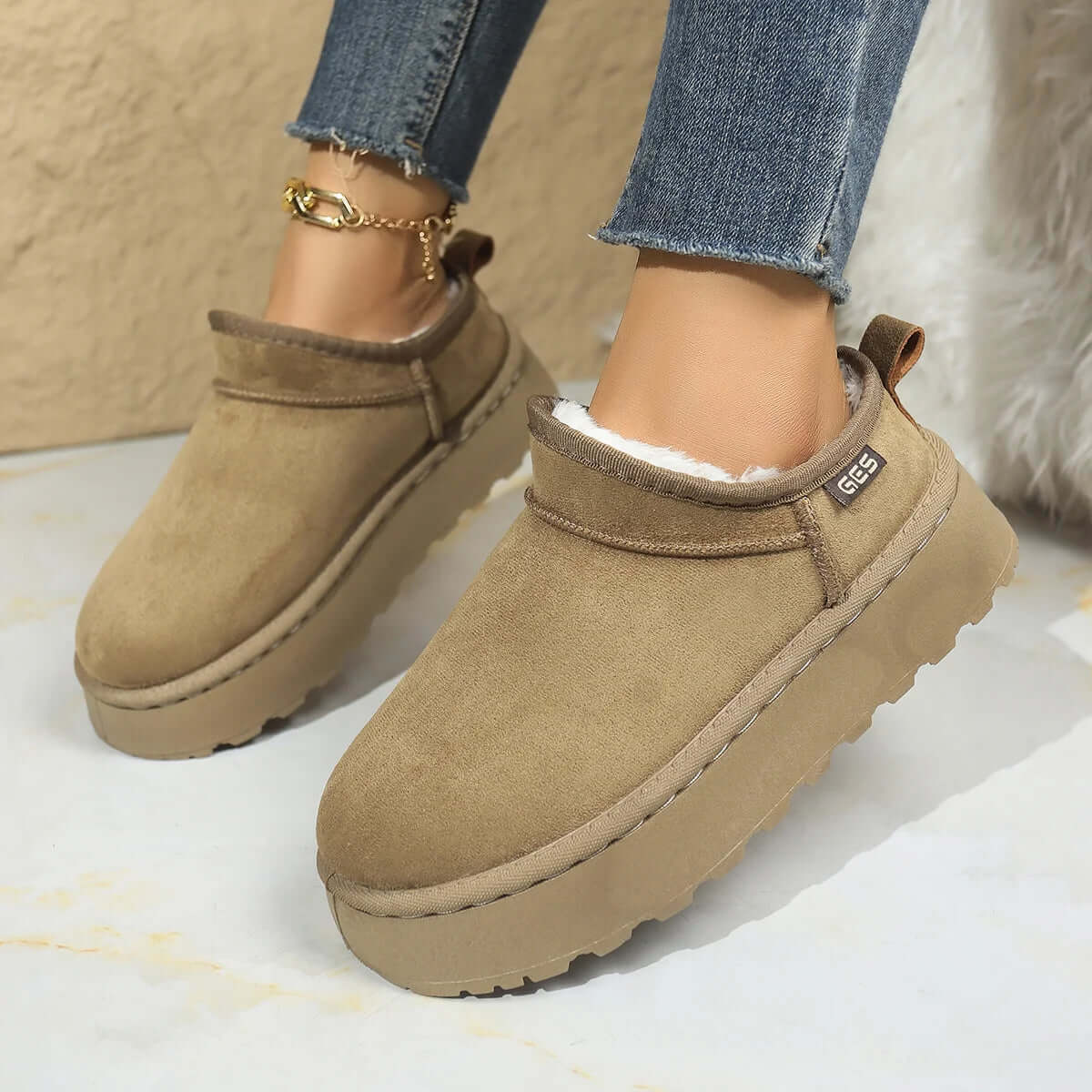 Women's platform slipper booties in suede look with plush lining and heel tab - khaki