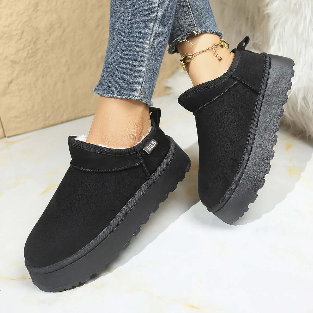 Women's platform slipper booties in suede look with plush lining and heel tab - black