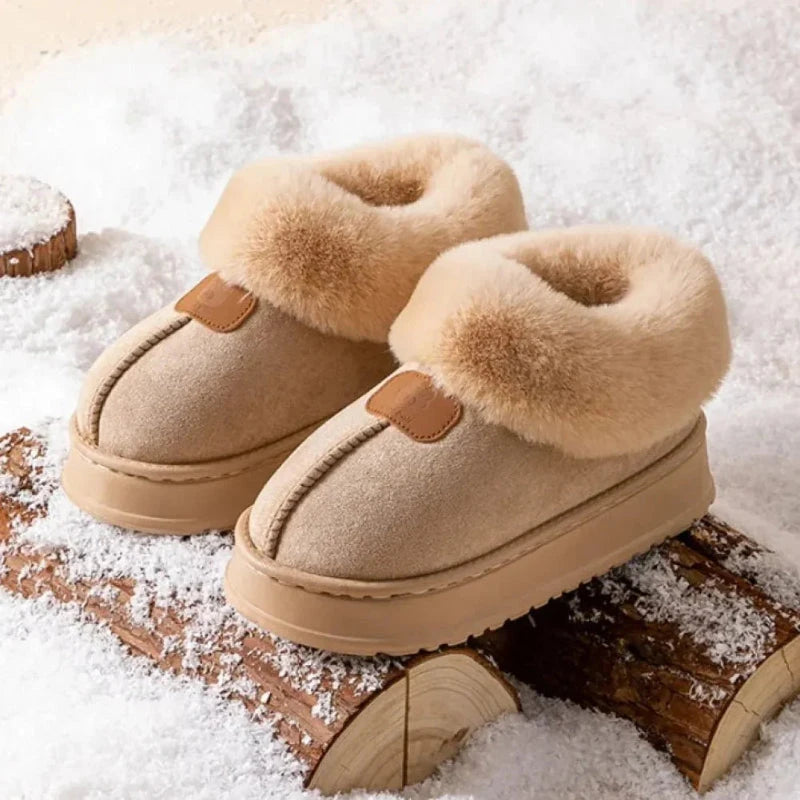 Women's platform slippers in a suede look with a fold-down faux fur collar and thick rubber sole